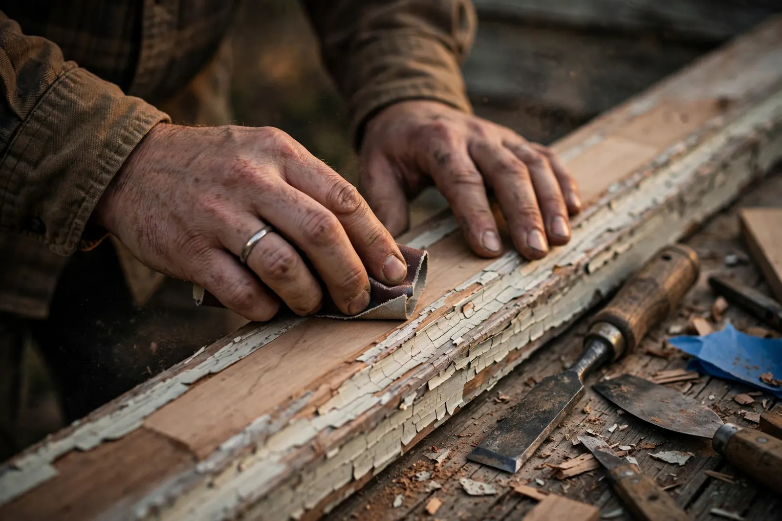 Craftsman sanding weathered painted wood trim down to bare wood